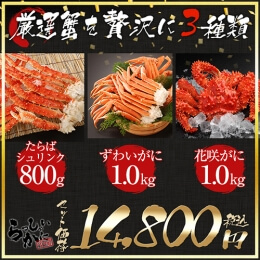 厳選かに3セット タラバガニ特大2L脚約800g ズワイガニ脚1kg 花咲ガニ姿　約1kg