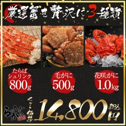 厳選かに3セット タラバガニ特大2L脚約800g 毛ガニ 約500g 花咲ガニ姿　約1kg