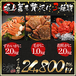 厳選かに3セット　ズワイガニ脚2kg　毛ガニ500g×2　1kg　花咲ガニ姿　約2kg